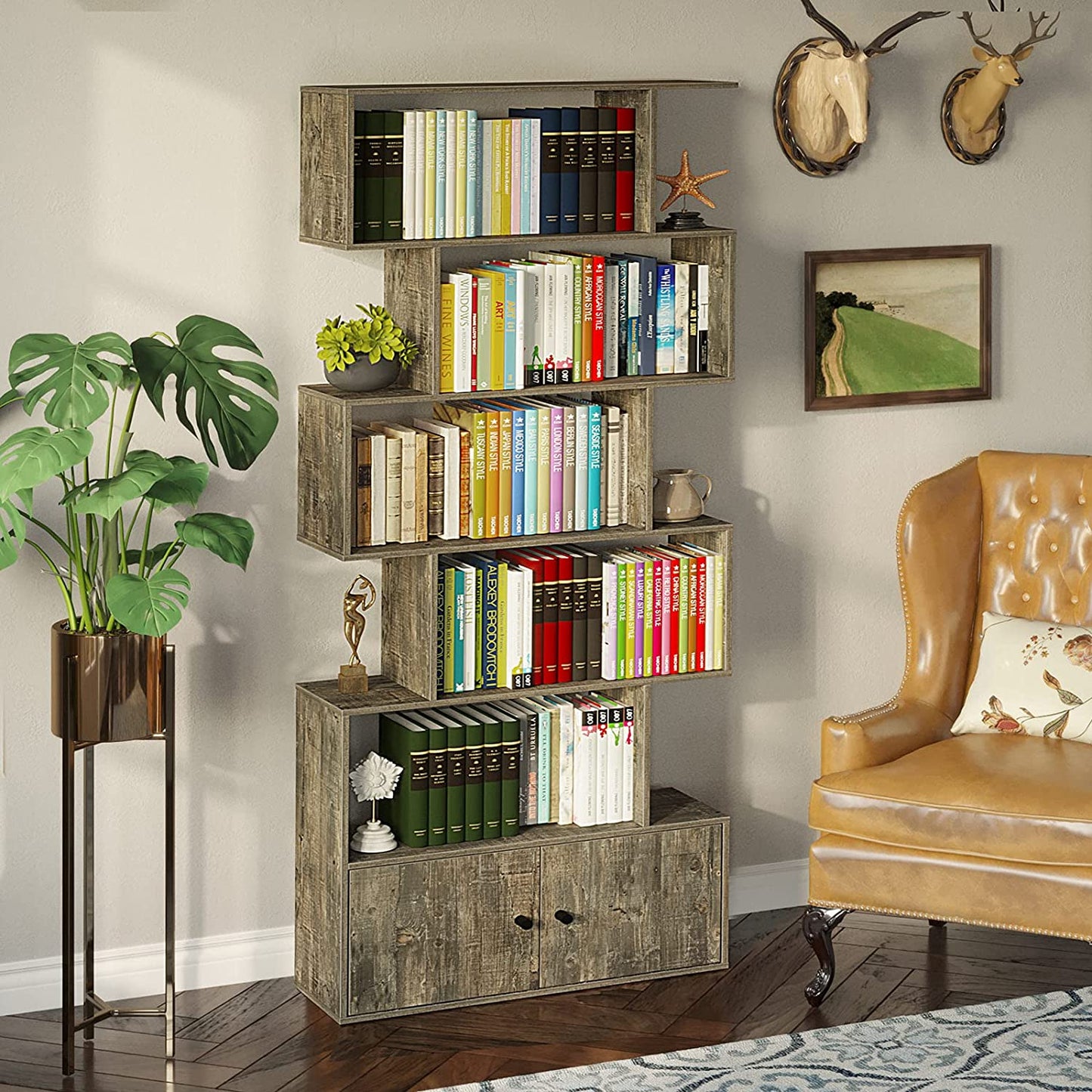 Bookshelf: Rustic Wood 6-Tier Bookcase with Cabinet
