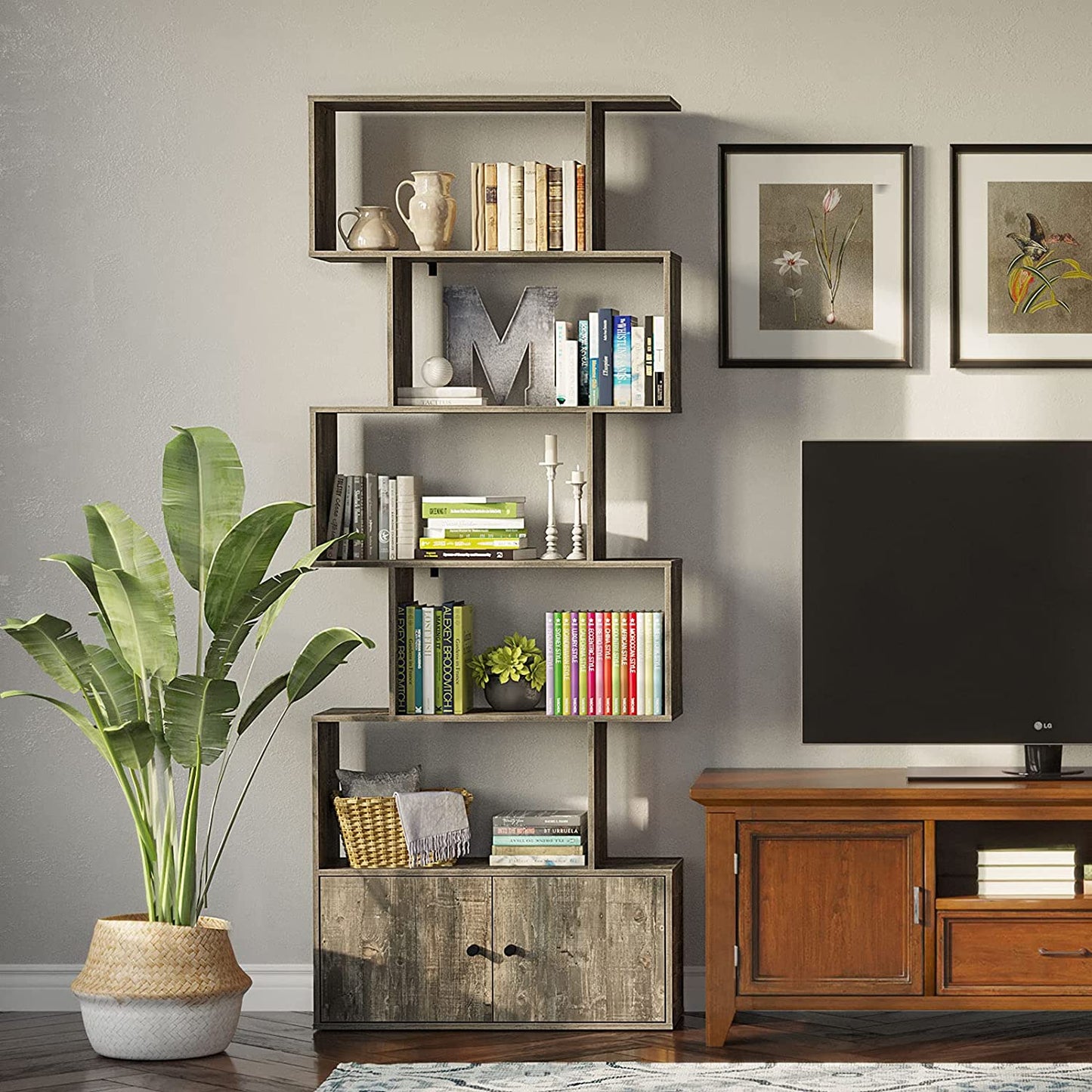 Bookshelf: Rustic Wood 6-Tier Bookcase with Cabinet