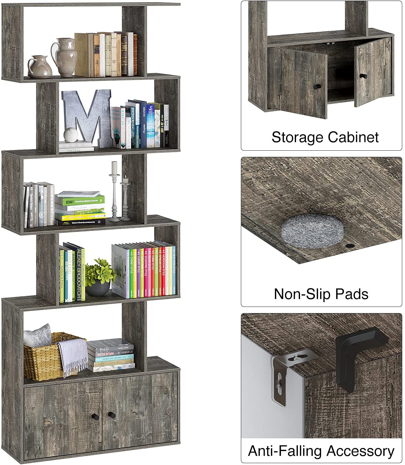 Bookshelf: Rustic Wood 6-Tier Bookcase with Cabinet