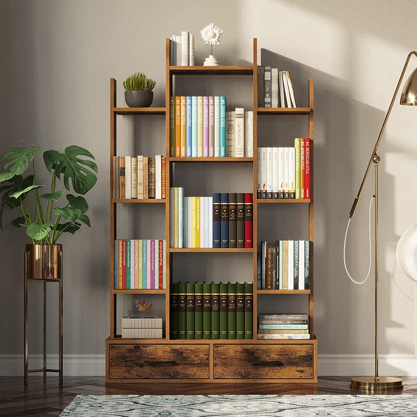 Bookshelf: Rustic Wood Bookshelves with 2 Wooden Drawers