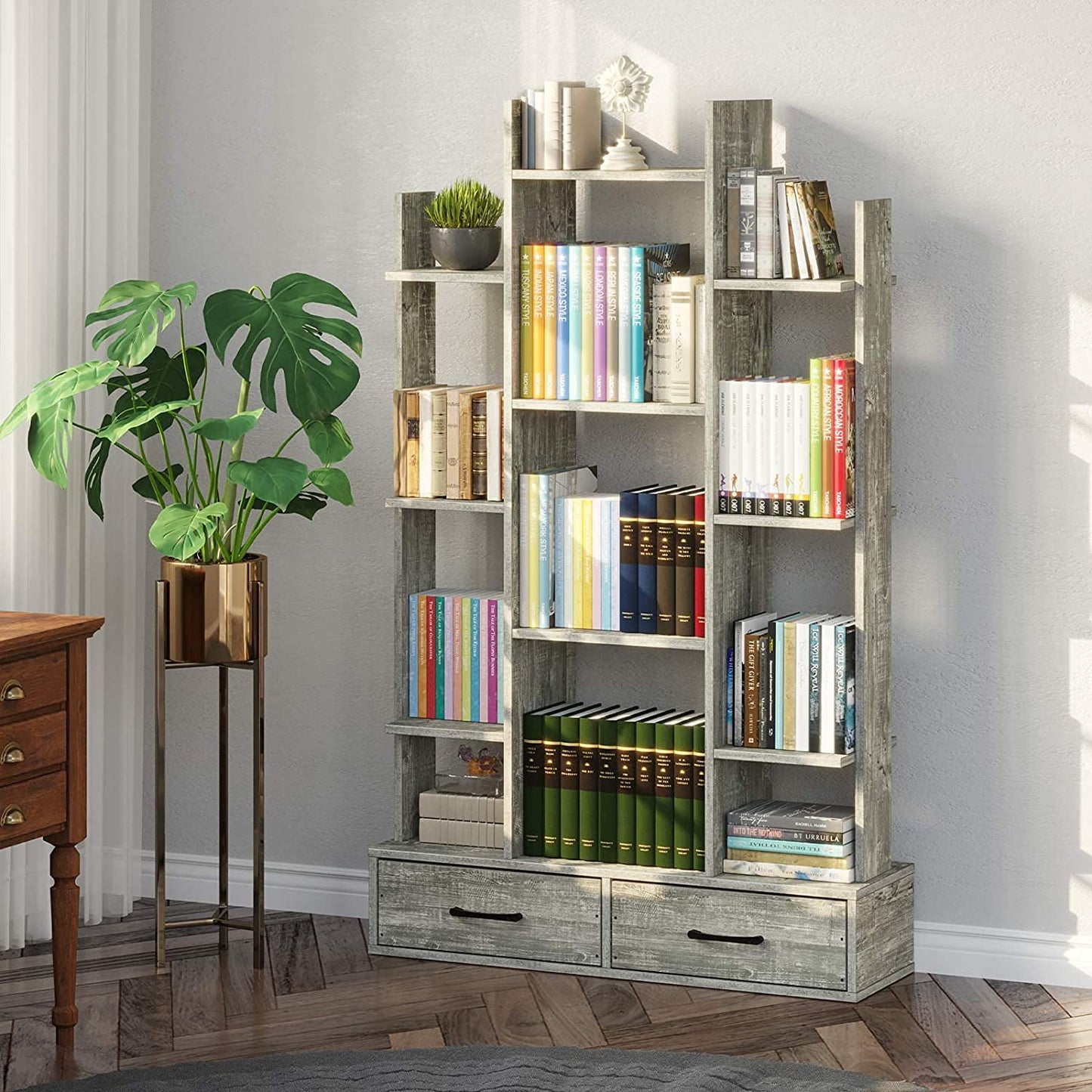 Bookshelf: Rustic Wood Bookshelves with 2 Wooden Drawers