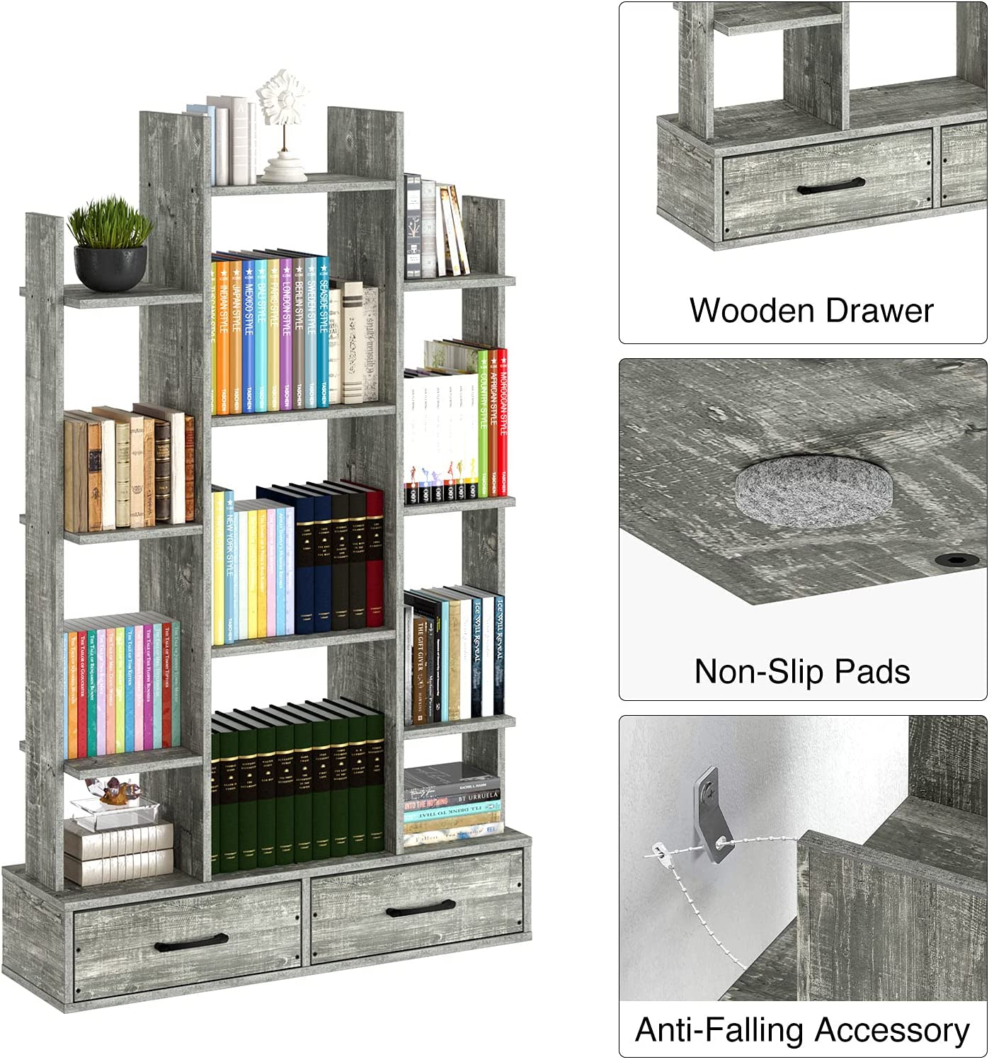 Bookshelf: Rustic Wood Bookshelves with 2 Wooden Drawers