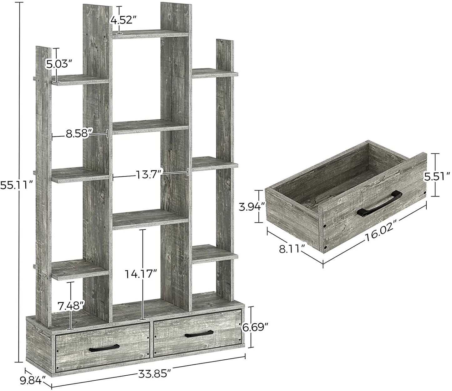 Bookshelf: Rustic Wood Bookshelves with 2 Wooden Drawers
