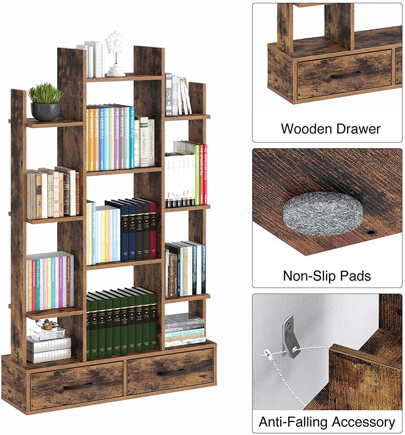 Bookshelf: Rustic Wood Bookshelves with 2 Wooden Drawers