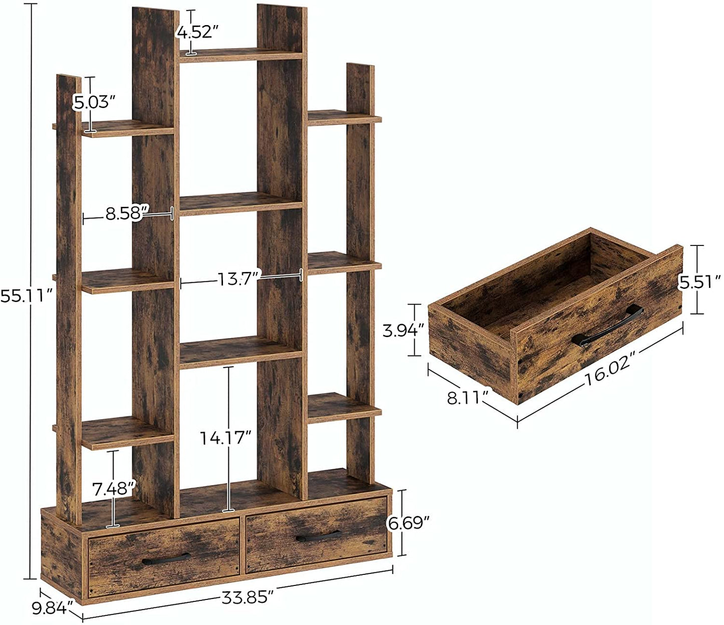 Bookshelf: Rustic Wood Bookshelves with 2 Wooden Drawers