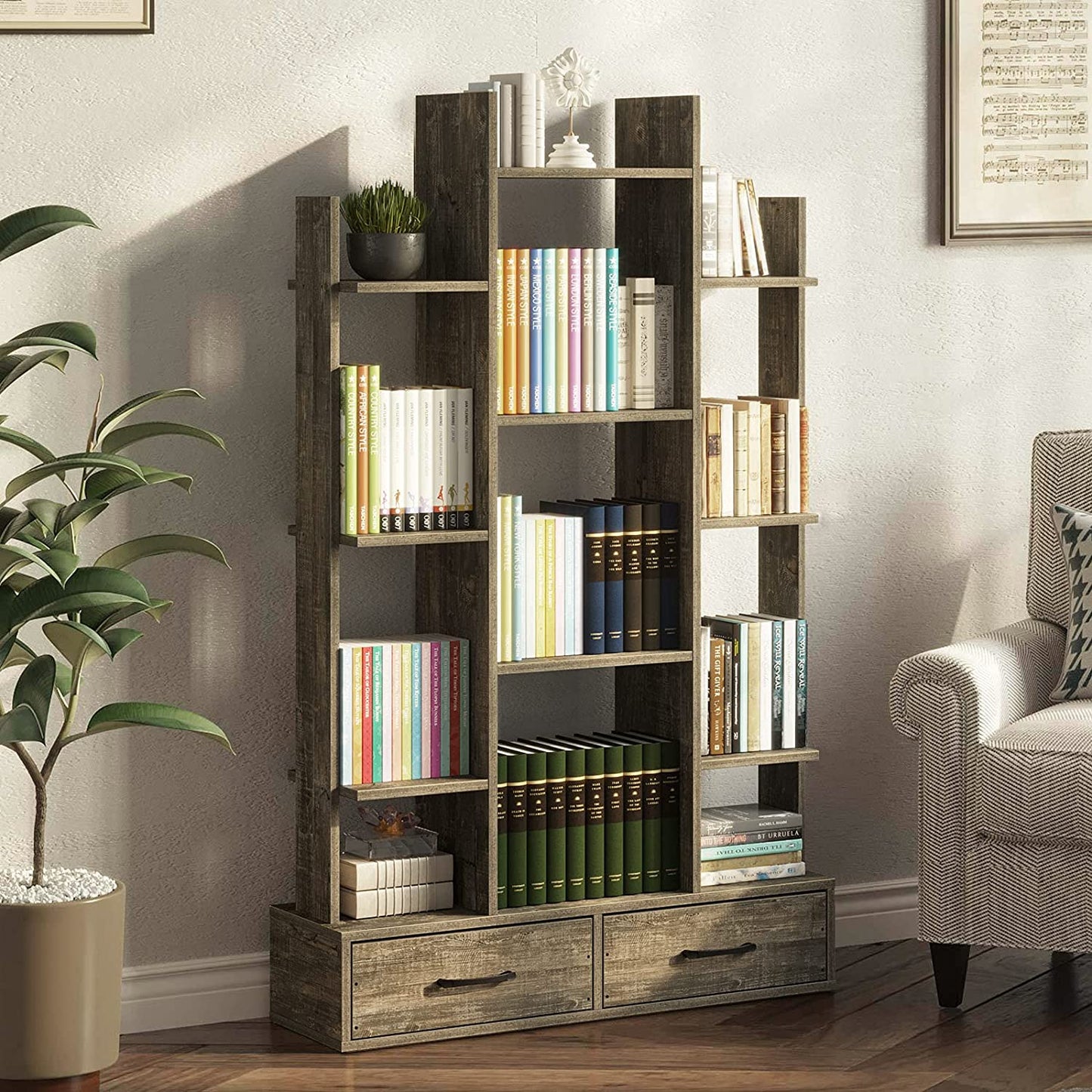 Bookshelf: Rustic Wood Bookshelves with 2 Wooden Drawers