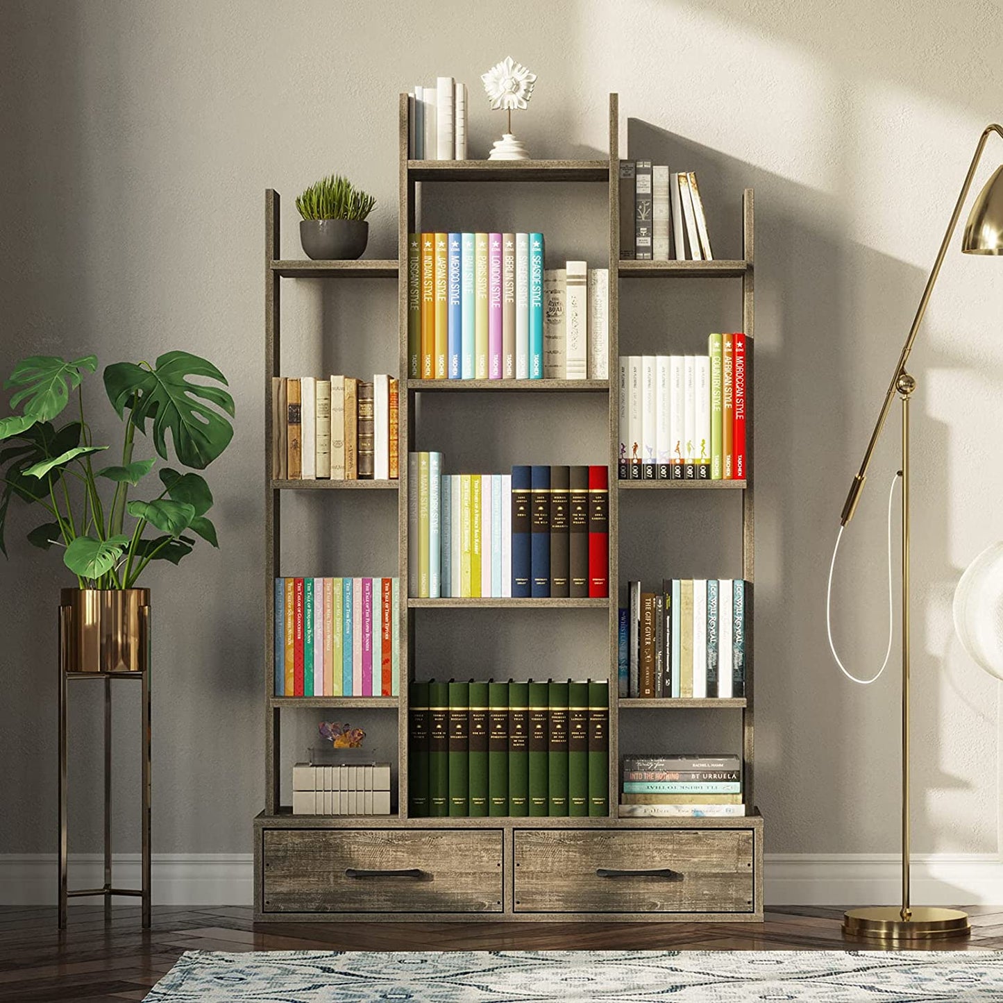 Bookshelf: Rustic Wood Bookshelves with 2 Wooden Drawers