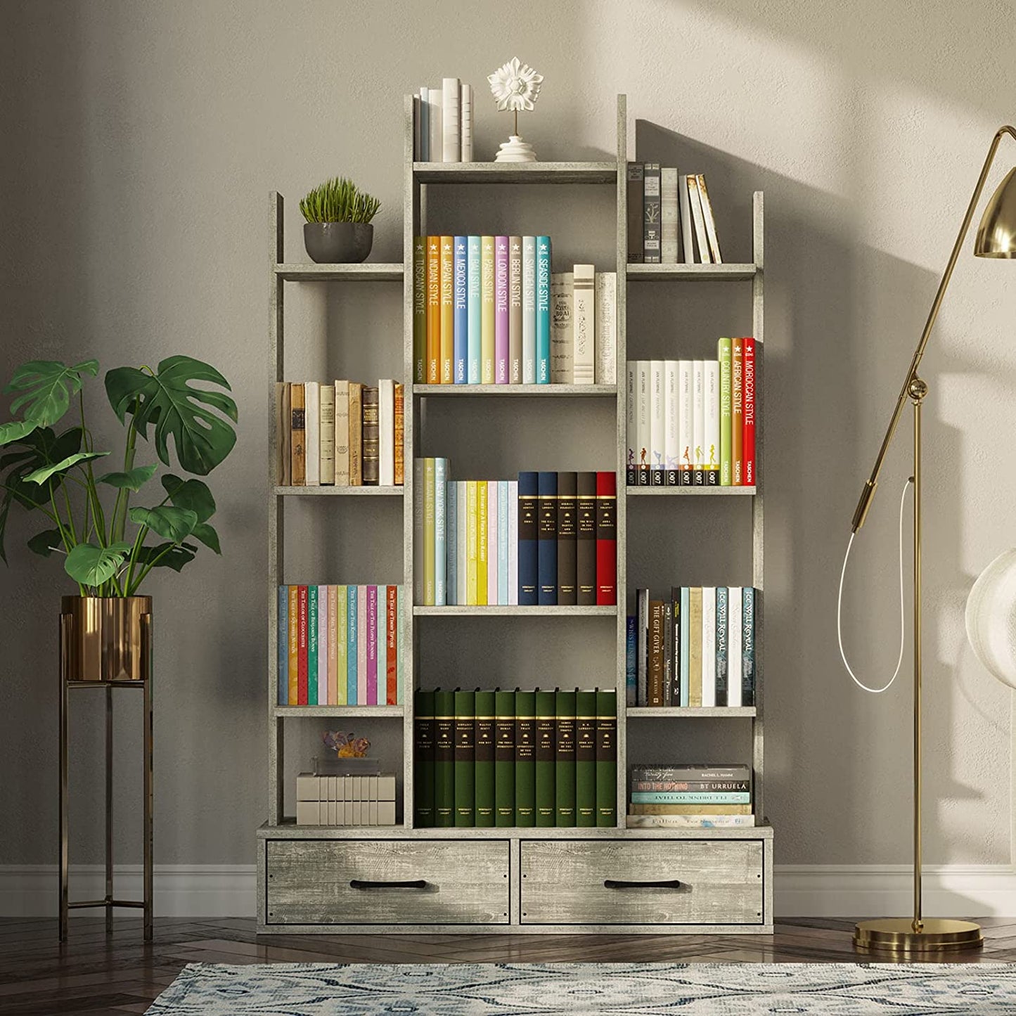Bookshelf: Rustic Wood Bookshelves with 2 Wooden Drawers