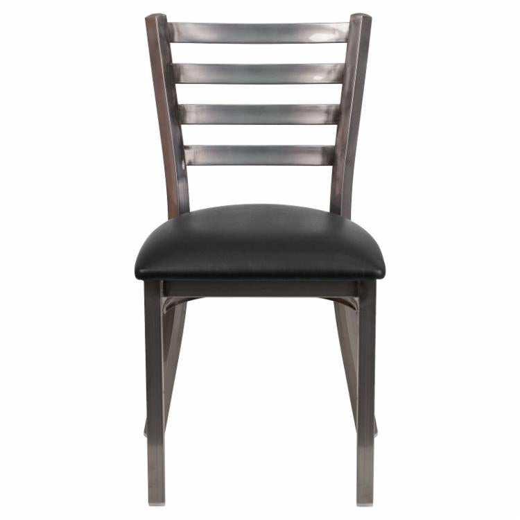 Cafe Chair: 19.5 in. Clear Coated Metal and Vinyl Ladder Back Restaurant Chair