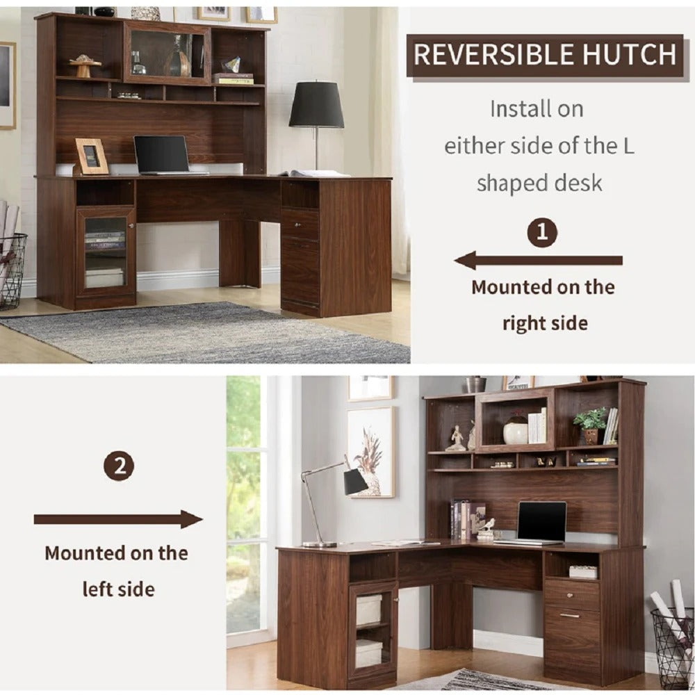 Computer Desk: Gleaming Brown Efficacious and Expensive L-Shaped Desk With Hutch And Glass Doors