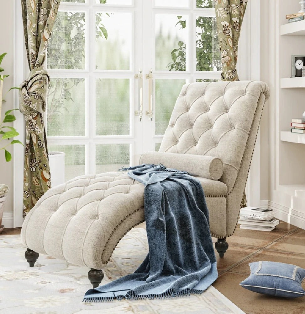Lounge Chair: Comfy Lounge Chair Chaise with Padded Backrest and Tufted Nailhead