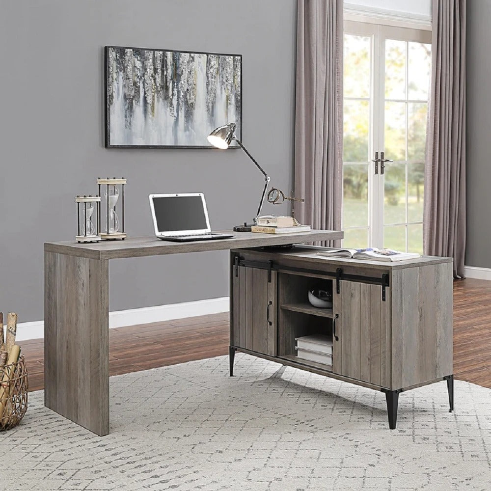 Computer Desk: Gray And Blackish Computer Desk With Sliding Barn Door