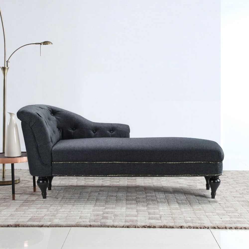 Chaise Lounge: Linen Upholstered Classic Chaise Lounge With Tufted Button