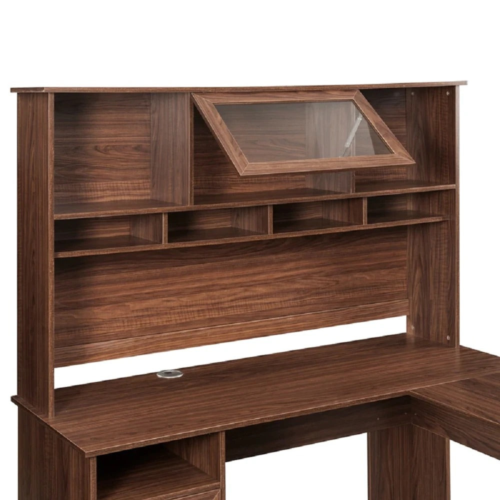 Computer Desk: Gleaming Brown Efficacious and Expensive L-Shaped Desk With Hutch And Glass Doors
