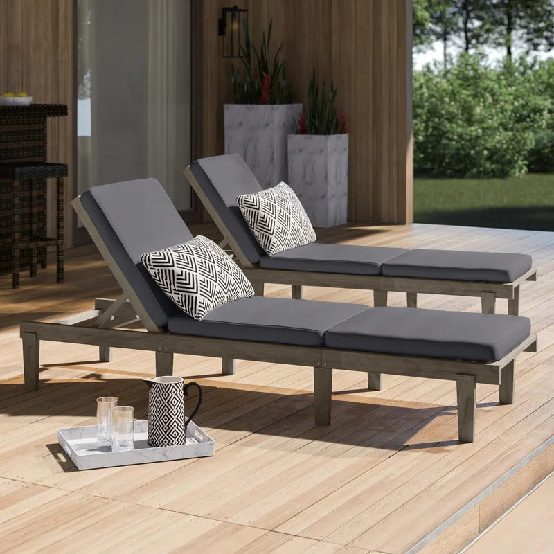 Chaise Lounge: Maeshello 78.74'' Long Reclining Acacia Chaise Lounge Set with Cushions (Set of 2)