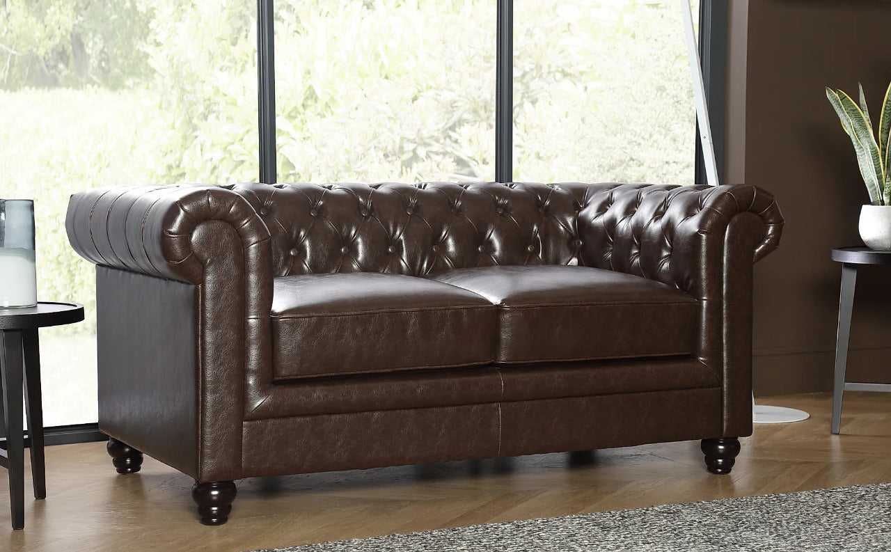 Chesterfield Sofa Set: Chestnut Leatherette 2 Seater Sofa Set