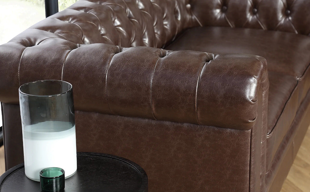Chesterfield Sofa Set: Chestnut Leatherette 2 Seater Sofa Set