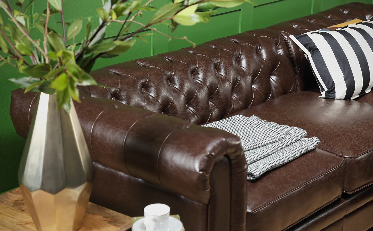 Chesterfield Sofa Set: Chestnut Leatherette 2 Seater Sofa Set