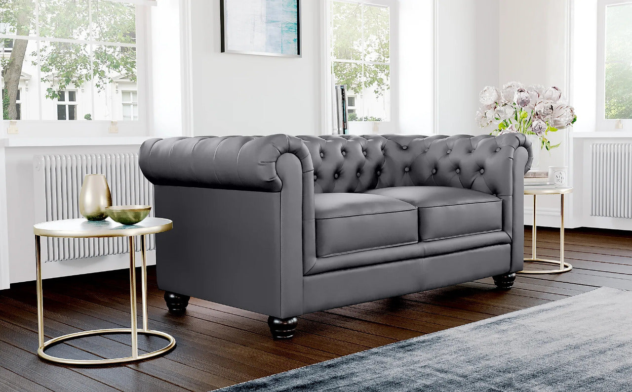 Chesterfield Sofa Set: Chestnut Leatherette 2 Seater Sofa Set