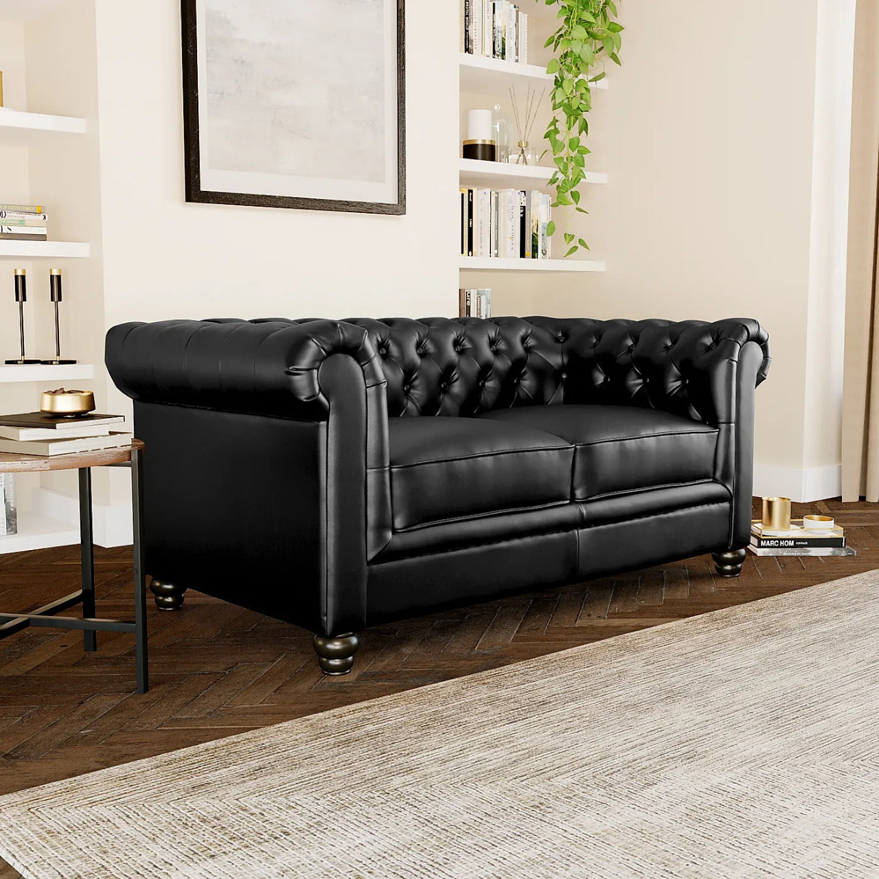 Chesterfield Sofa Set: Chestnut Leatherette 2 Seater Sofa Set