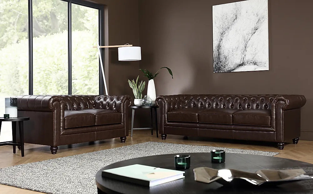 Chesterfield Sofa Set: Chestnut Leatherette 3+2 Seater Sofa Set