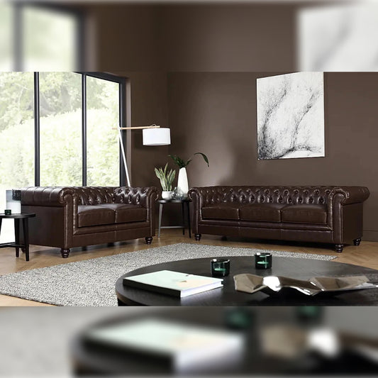 Chesterfield Sofa Set Chestnut Leatherette 3+2 Seater Sofa Set