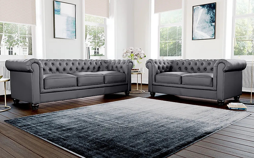 Chesterfield Sofa Set: Grey Leatherette 3+2 Seater