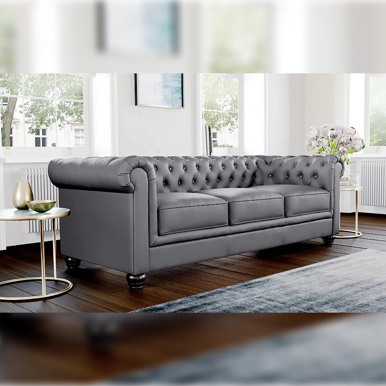 Chesterfield Sofa Set Grey Leatherette 3 Seater Sofa Set