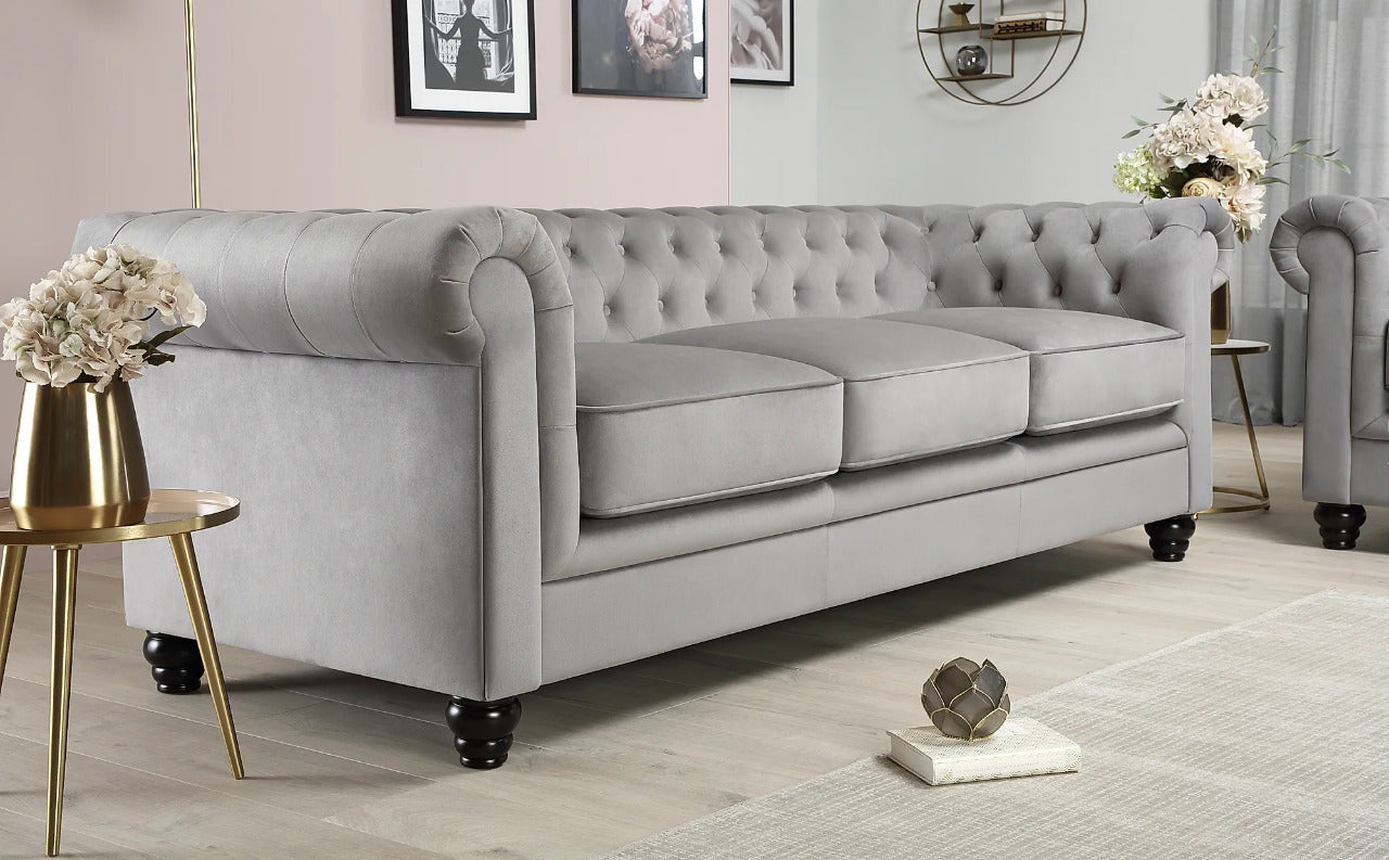 Chesterfield Sofa Set : Grey Velvet 3 Seater Chesterfield Sofa