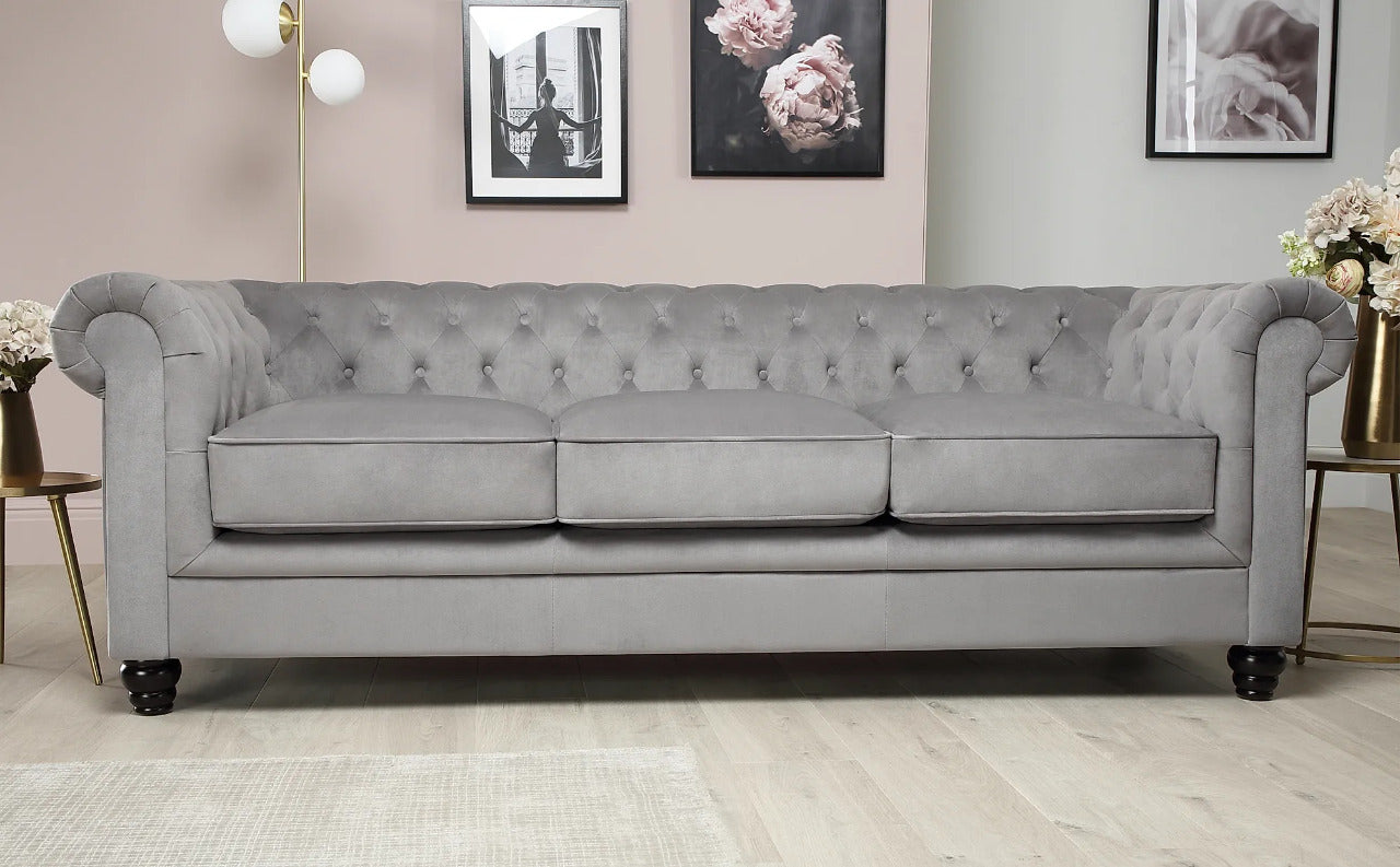 Chesterfield Sofa Set : Grey Velvet 3 Seater Chesterfield Sofa