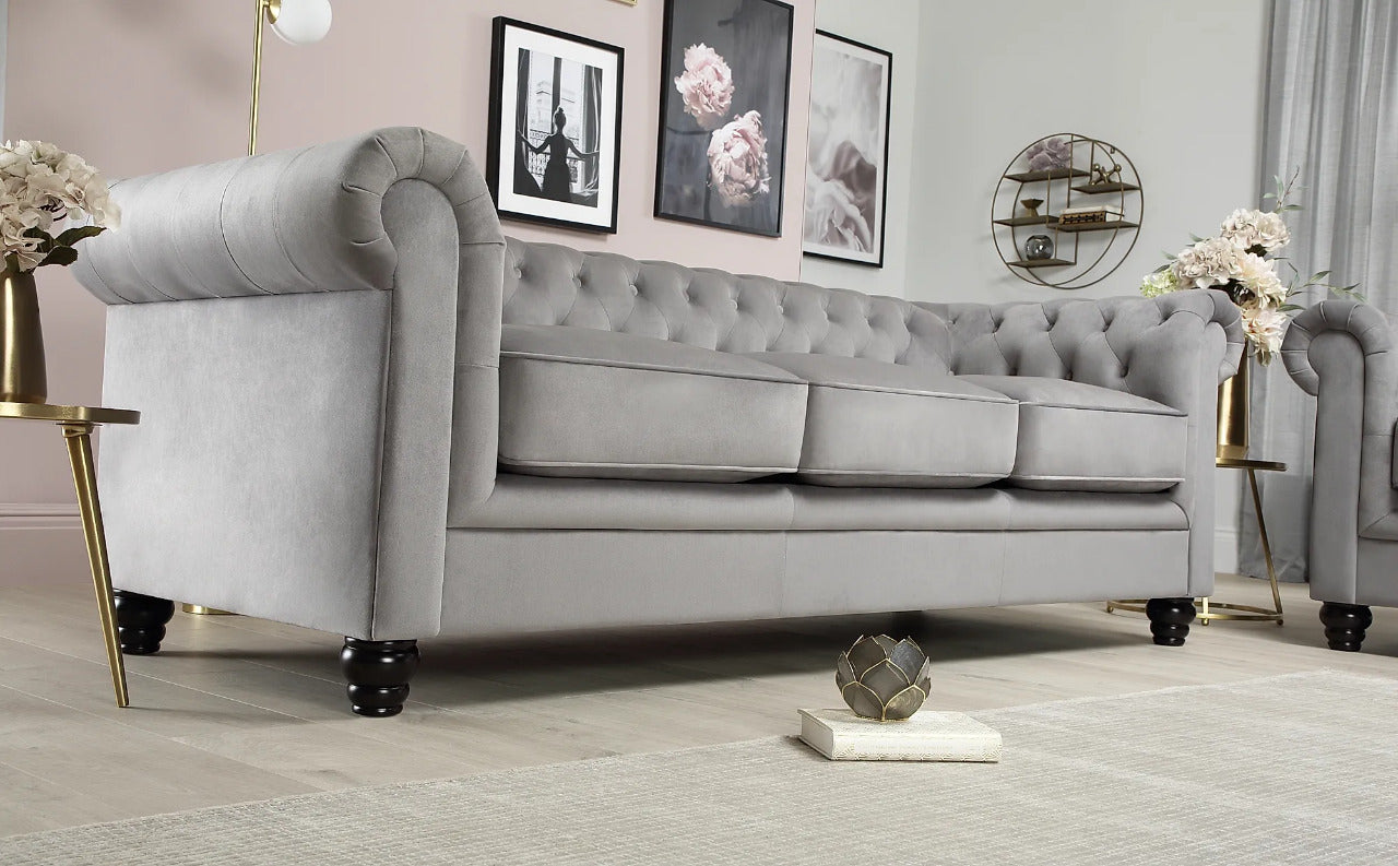 Chesterfield Sofa Set : Grey Velvet 3 Seater Chesterfield Sofa