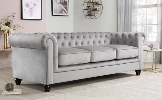 Chesterfield Sofa Set : Grey Velvet 3 Seater Chesterfield Sofa