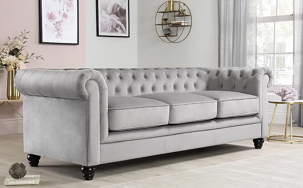 Chesterfield Sofa Set Grey Velvet 3+2 Seater