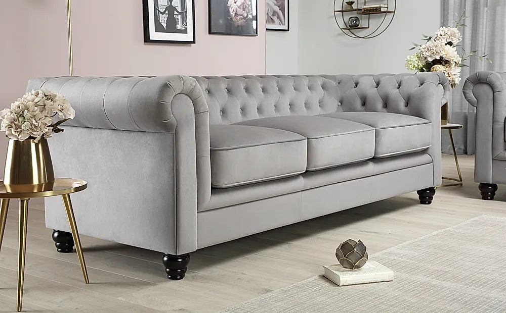 Chesterfield Sofa Set Grey Velvet 3+2 Seater