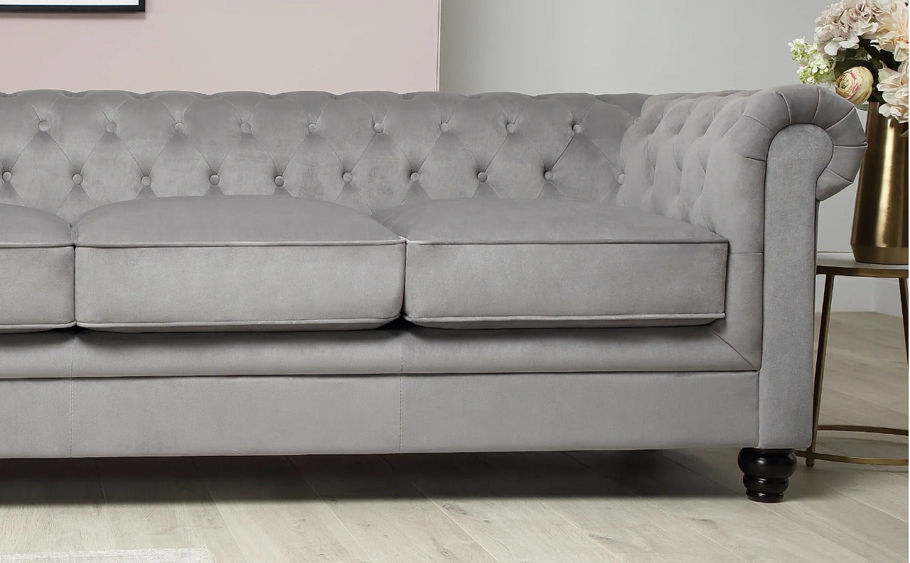 Chesterfield Sofa Set : Grey Velvet 3+2 Seater Chesterfield Sofa Set