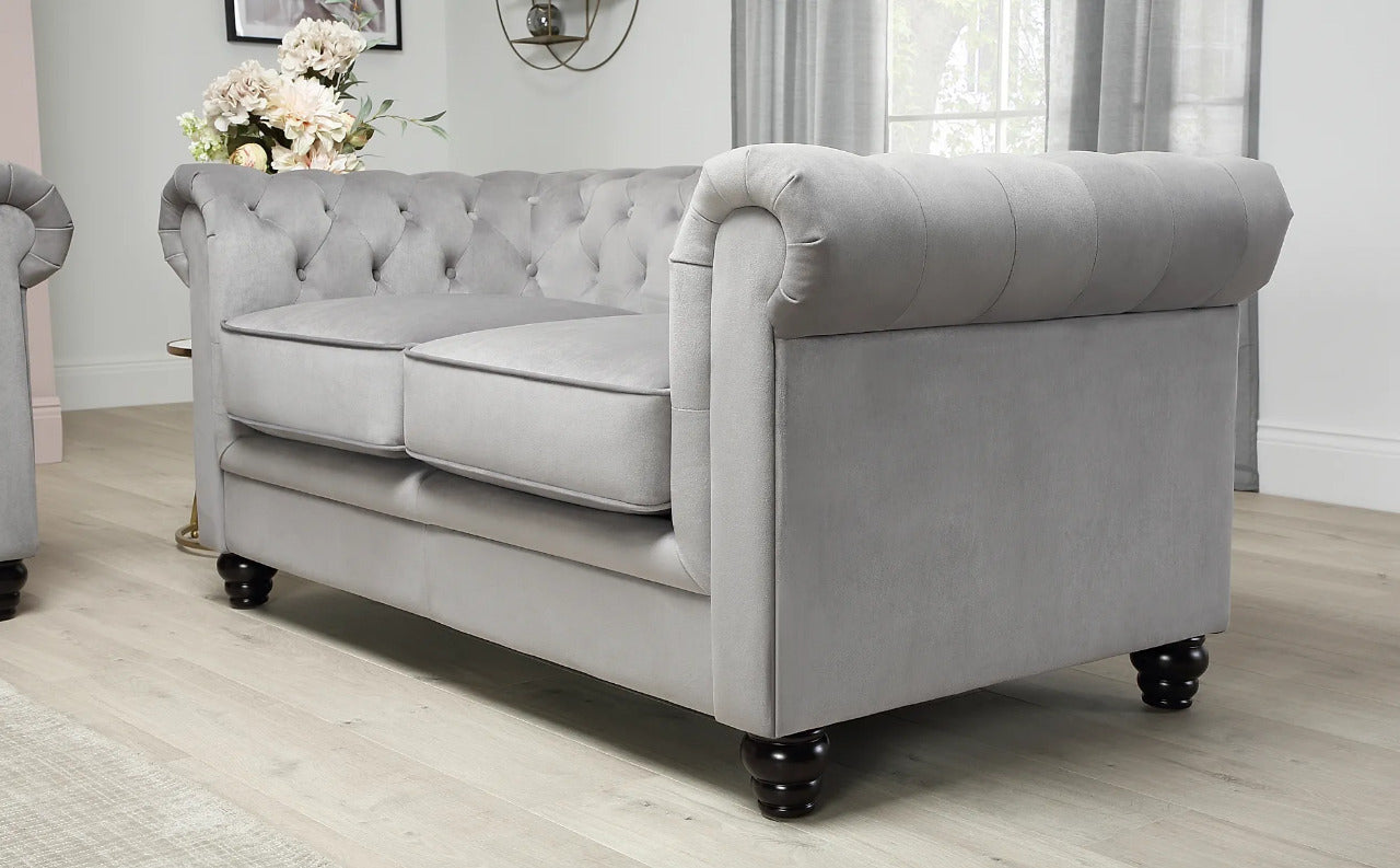 Chesterfield Sofa Set : Grey Velvet 3+2 Seater Chesterfield Sofa Set
