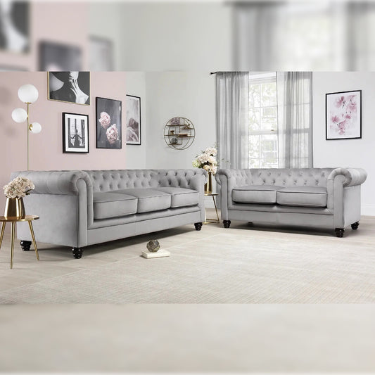Chesterfield Sofa Set  Grey Velvet 3+2 Seater Chesterfield Sofa Set