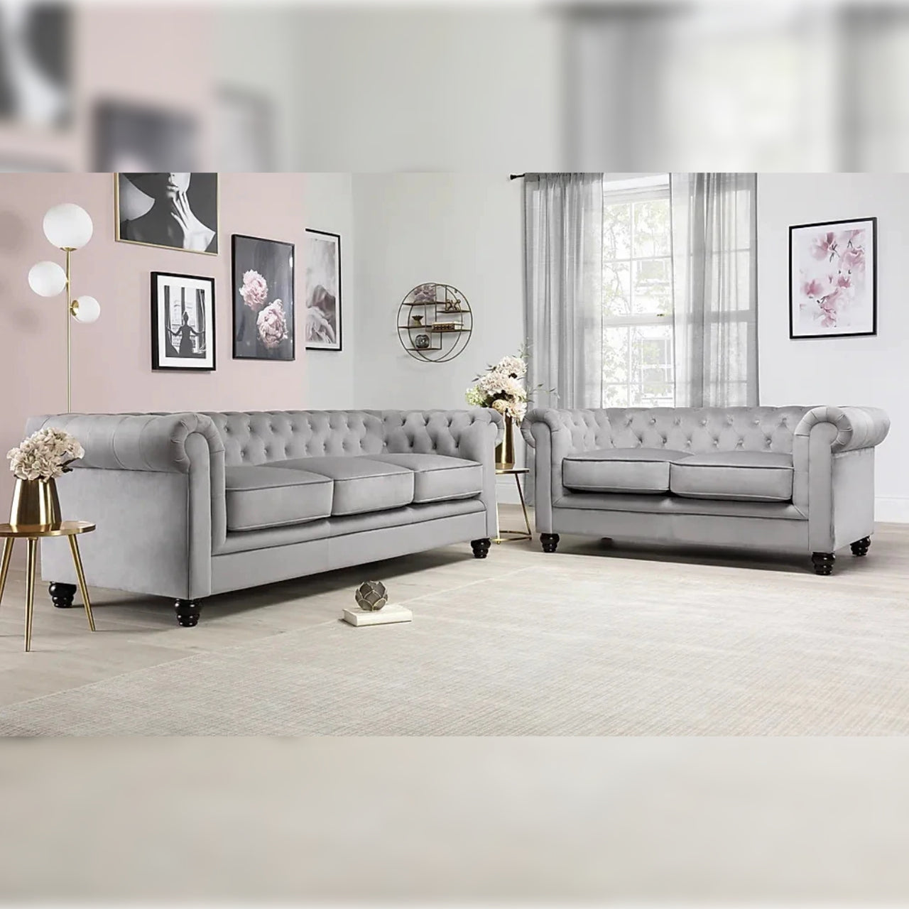 Chesterfield Sofa Set Grey Velvet 3+2 Seater