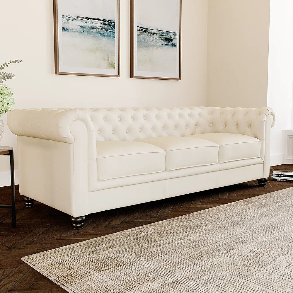 Chesterfield Sofa Set Light Grey Leatherette 3+2 Seater