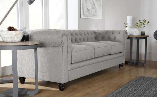 Chesterfield Sofa Set : Light Grey Fabric 3 Seater Chesterfield Sofa