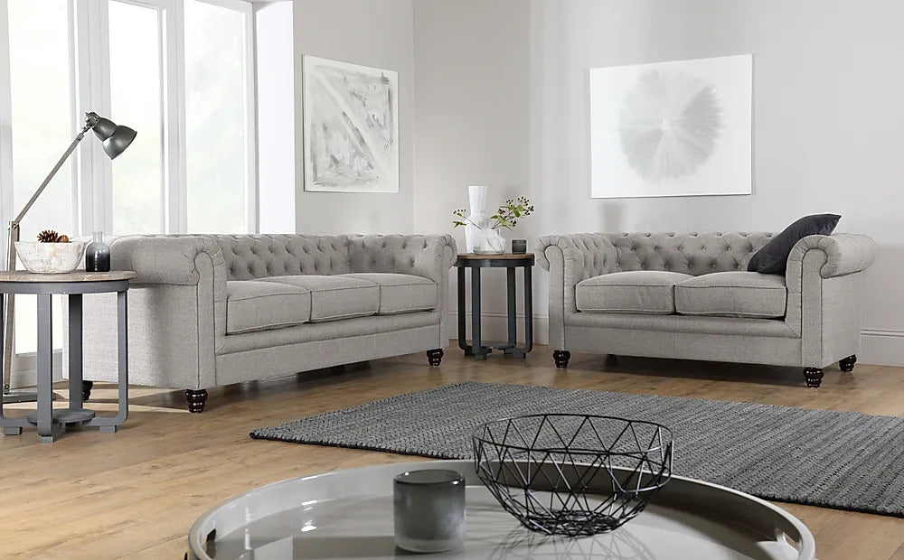 Chesterfield Sofa Set Light Grey Fabric 3+2 Seater