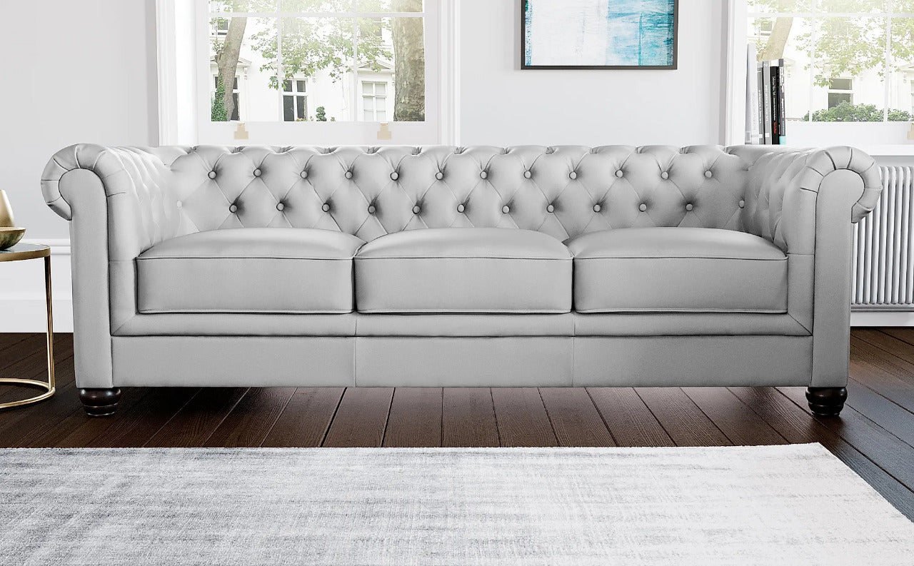 Chesterfield Sofa Set: Light Grey Leatherette 3 Seater Sofa Set