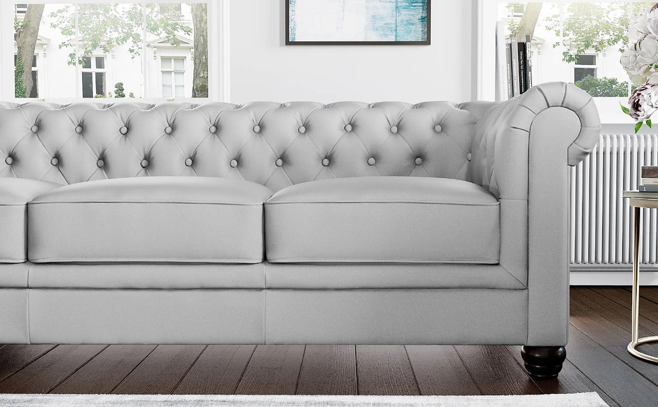 Chesterfield Sofa Set: Light Grey Leatherette 3 Seater Sofa Set