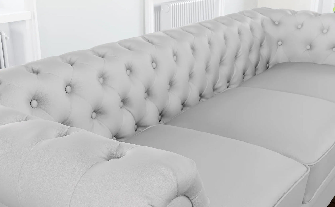 Chesterfield Sofa Set: Light Grey Leatherette 3 Seater Sofa Set