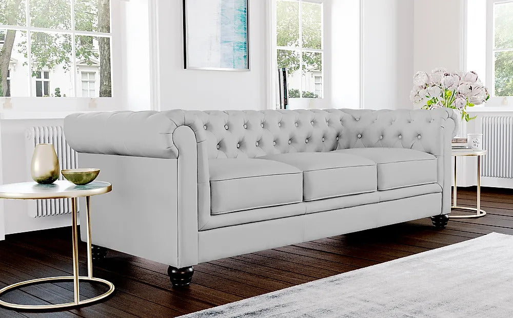 Chesterfield Sofa Set: Light Grey Leatherette 3 Seater Sofa Set