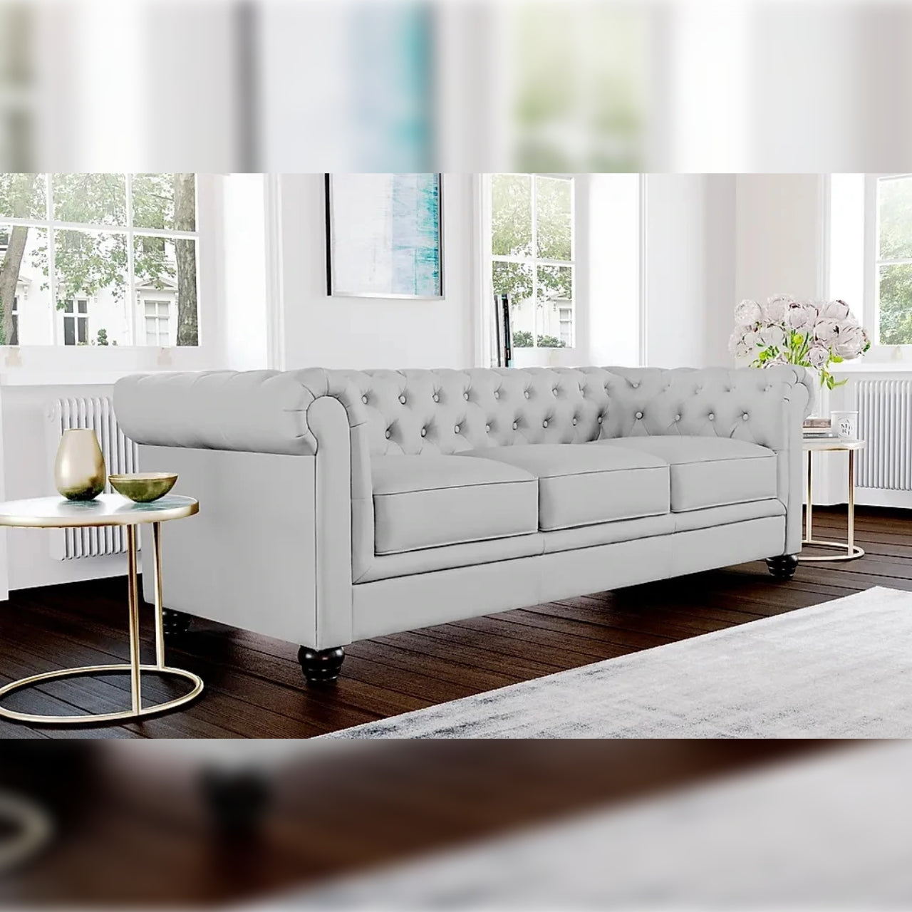 Chesterfield Sofa Set Light Grey Leatherette 3 Seater Sofa Set
