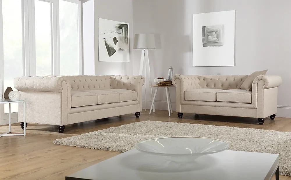 Chesterfield Sofa Set Oatmeal Leatherette 3+2 Seater