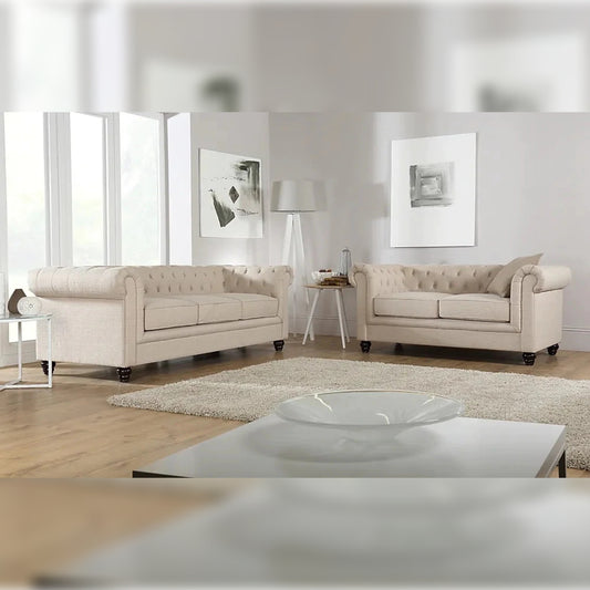 Chesterfield Sofa Set Oatmeal Leatherette 3+2 Seater