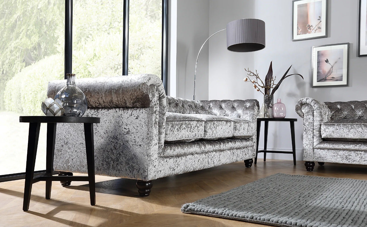 Chesterfield Sofa Set : Silver Crushed Velvet 3 Seater Chesterfield Sofa
