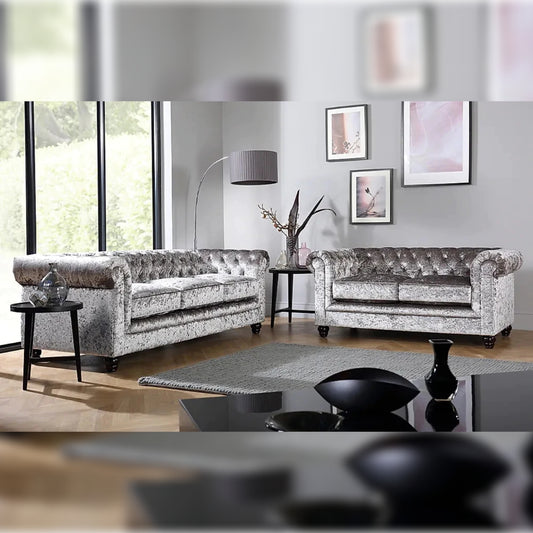 Chesterfield Sofa Set Silver Crushed Velvet 3+2 Seater
